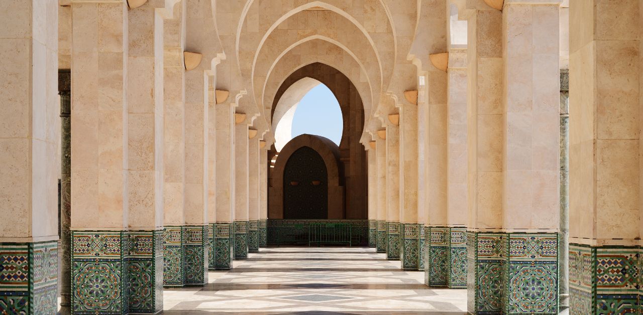 alt="cheap flights Casablanca Morocco, Arcade of Hassan II Mosque"