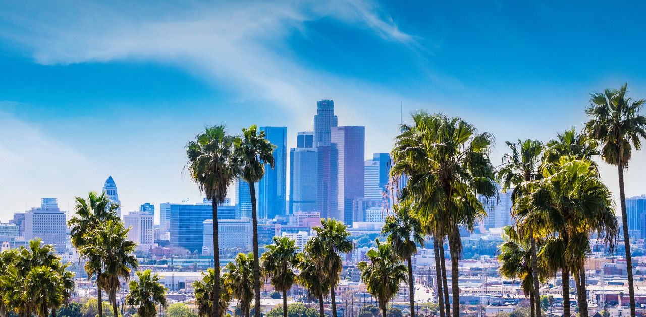 alt="LA skyline with palm trees vacation"